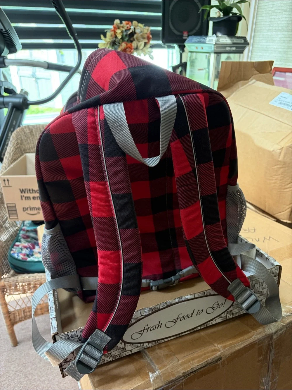 L.L. Bean Red and Black Buffalo Plaid Backpack with Gray Accents